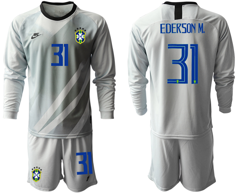 Men 2020-2021 Season National team Brazil goalkeeper Long sleeve grey #31 Soccer Jersey